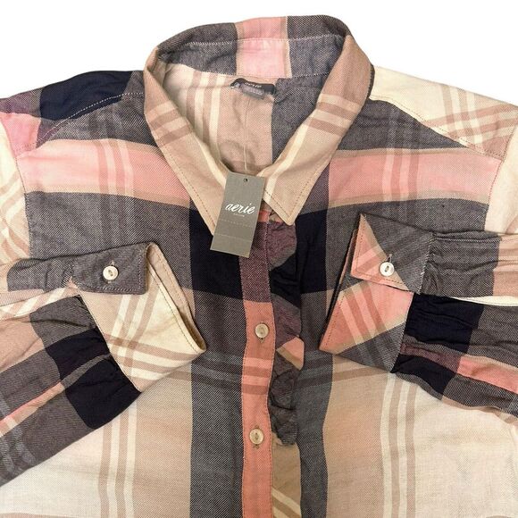 aerie Tops - NEW AERIE SZ M LONG TUNIC STYLE BUTTON UP FLANNEL SHIRT PLAID TOP